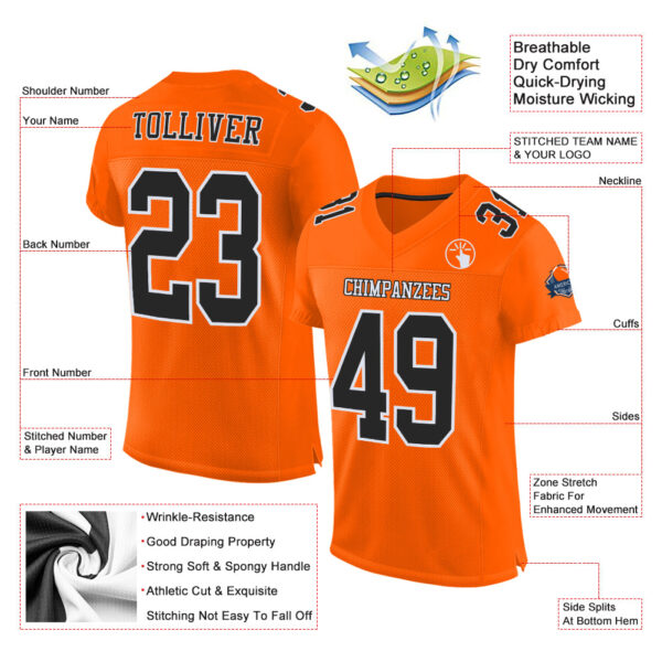Custom Orange Black-White Mesh Authentic Football Jersey - Image 2