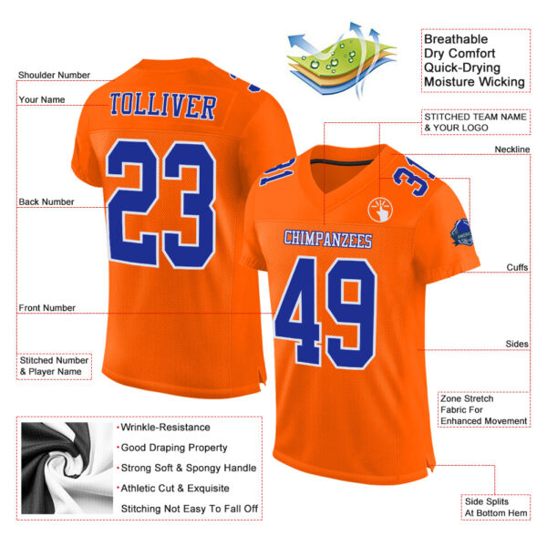 Custom Orange Royal-White Mesh Authentic Football Jersey - Image 2