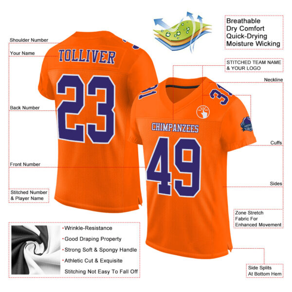 Custom Orange Purple-White Mesh Authentic Football Jersey - Image 2