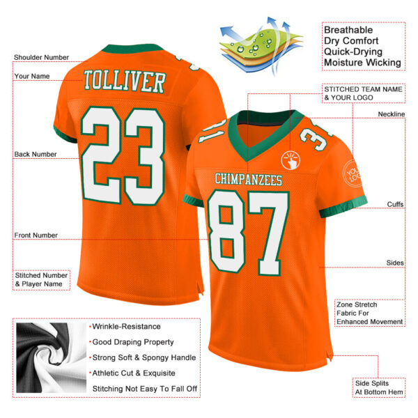 Custom Orange White-Kelly Green Mesh Authentic Football Jersey - Image 2