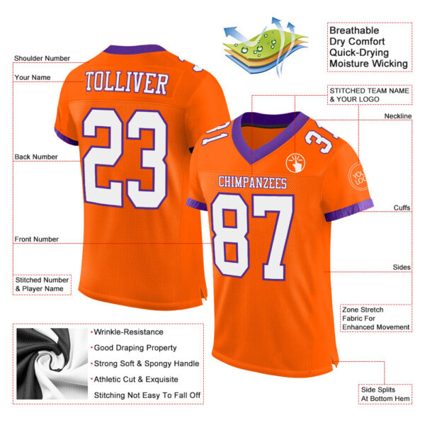 Custom Orange White-Purple Mesh Authentic Football Jersey - Image 2