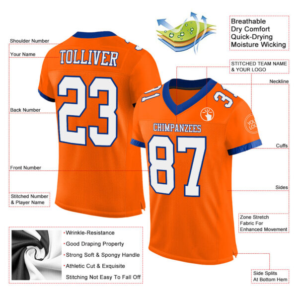 Custom Orange White-Royal Mesh Authentic Football Jersey - Image 2
