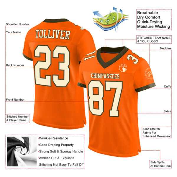 Custom Orange Cream-Olive Mesh Authentic Football Jersey - Image 2