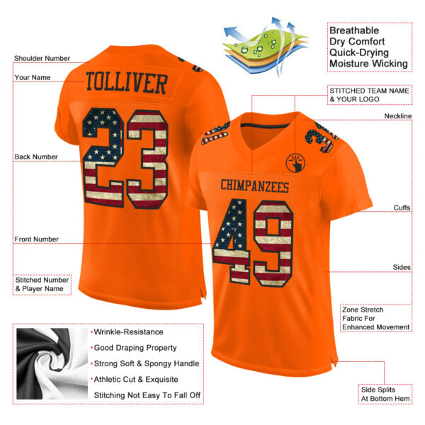 Custom Orange Vintage USA Flag-Black Mesh Authentic Football Jersey - Image 2
