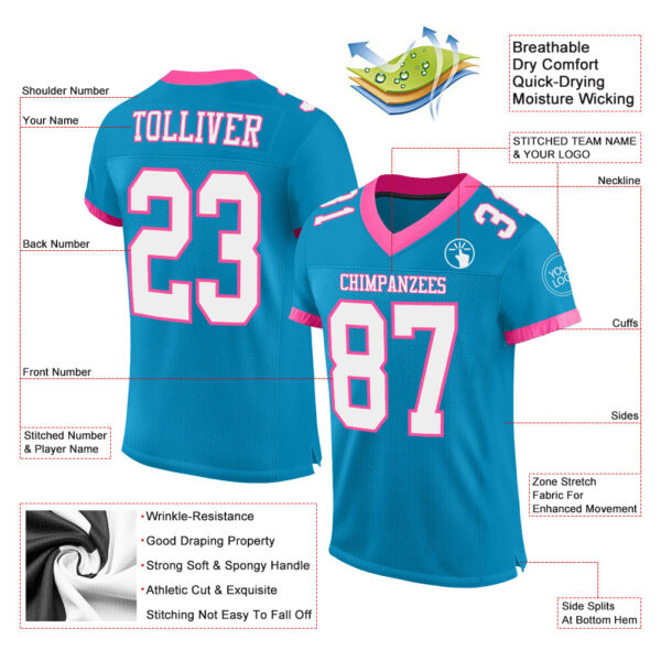 Custom Panther Blue White-Pink Mesh Authentic Football Jersey - Image 2