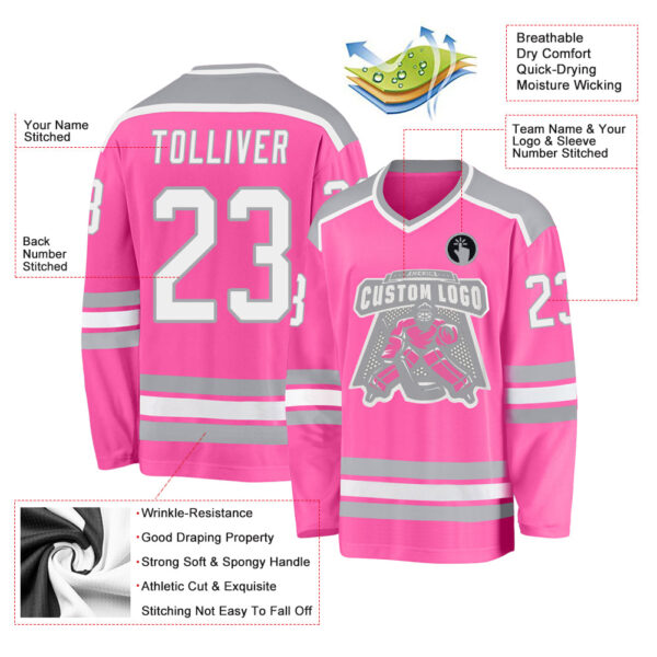 Custom Pink White-Gray Hockey Jersey - Image 3