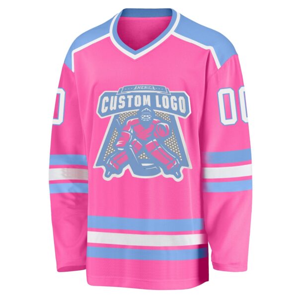 Custom Pink White-Light Blue Hockey Jersey - Image 2