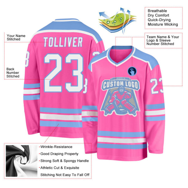 Custom Pink White-Light Blue Hockey Jersey - Image 3