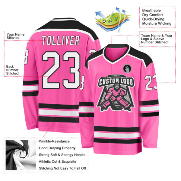 Custom Pink White-Black Hockey Jersey - Image 3