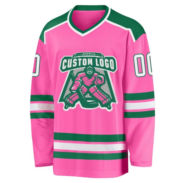 Custom Pink White-Kelly Green Hockey Jersey - Image 2