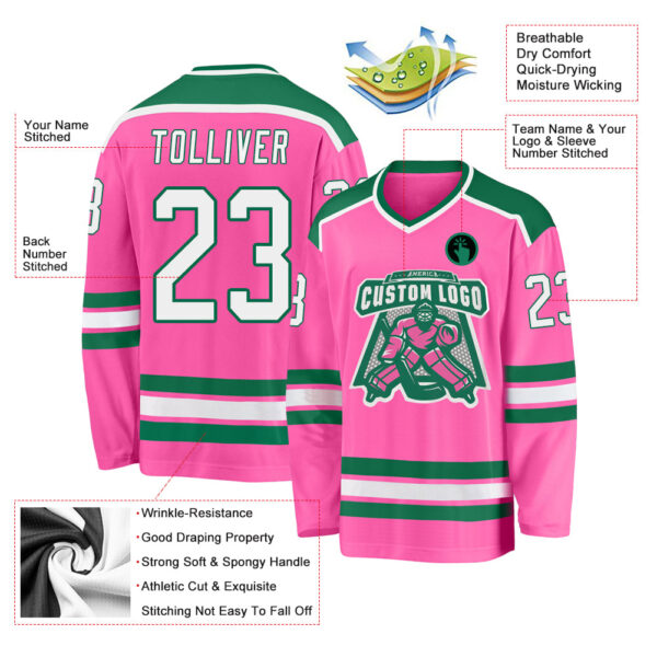 Custom Pink White-Kelly Green Hockey Jersey - Image 3