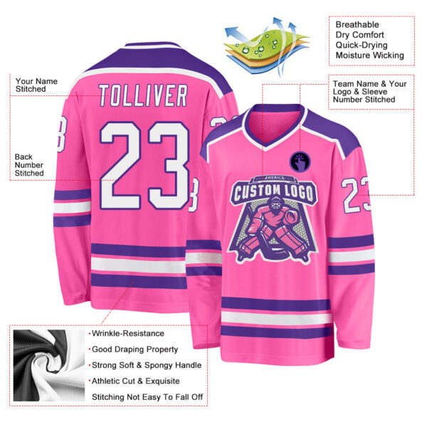 Custom Pink White-Purple Hockey Jersey - Image 3