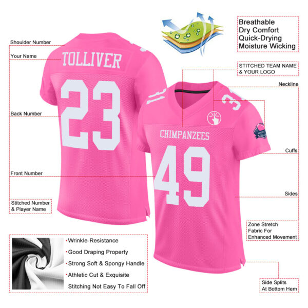 Custom Pink White Mesh Authentic Football Jersey - Image 2