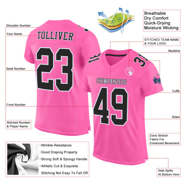 Custom Pink Black-White Mesh Authentic Football Jersey - Image 2