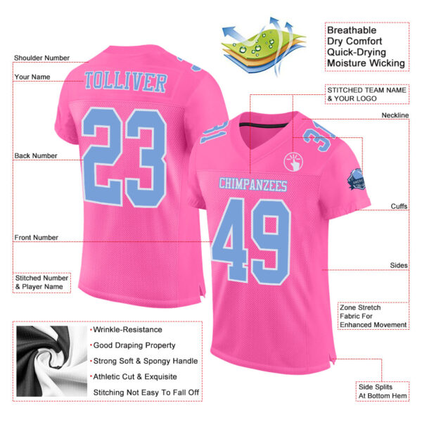 Custom Pink Light Blue-White Mesh Authentic Football Jersey - Image 2