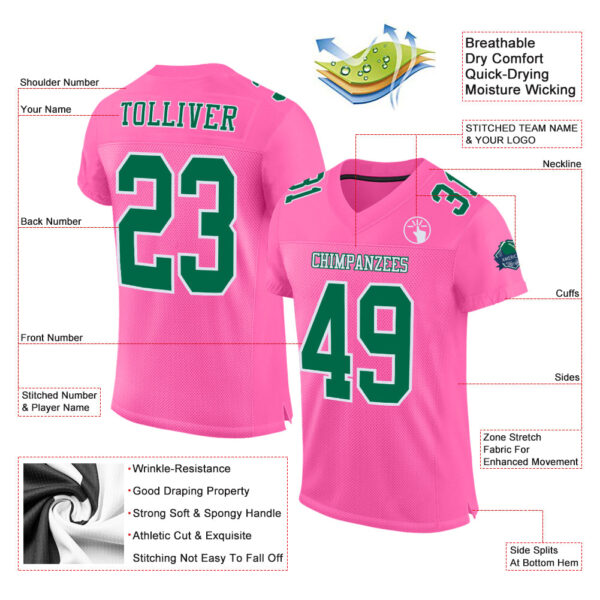 Custom Pink Kelly Green-White Mesh Authentic Football Jersey - Image 2