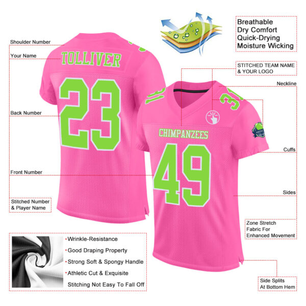 Custom Pink Neon Green-White Mesh Authentic Football Jersey - Image 2