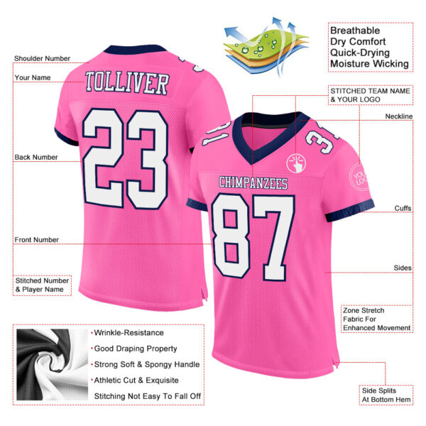 Custom Pink White-Navy Mesh Authentic Football Jersey - Image 2