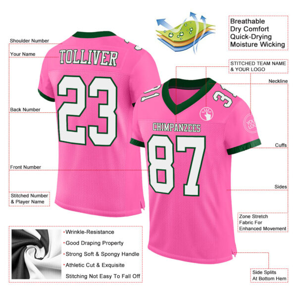 Custom Pink White-Green Mesh Authentic Football Jersey - Image 2