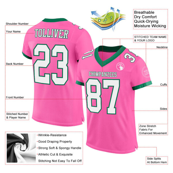 Custom Pink White-Kelly Green Mesh Authentic Football Jersey - Image 2