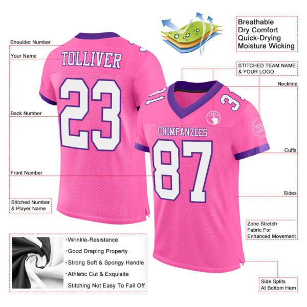 Custom Pink White-Purple Mesh Authentic Football Jersey - Image 2