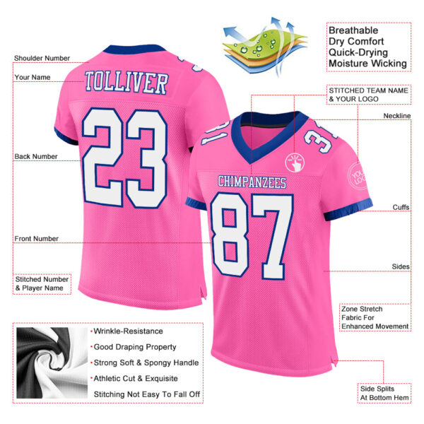 Custom Pink White-Royal Mesh Authentic Football Jersey - Image 2