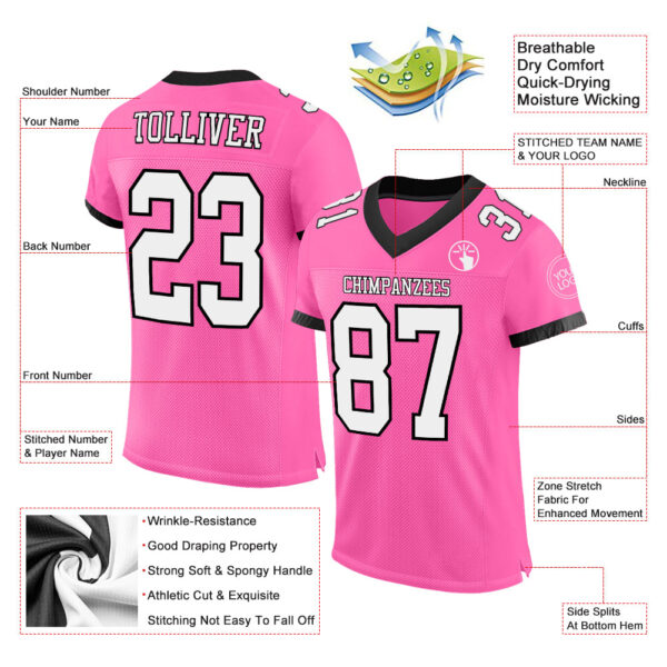 Custom Pink White-Black Mesh Authentic Football Jersey - Image 2
