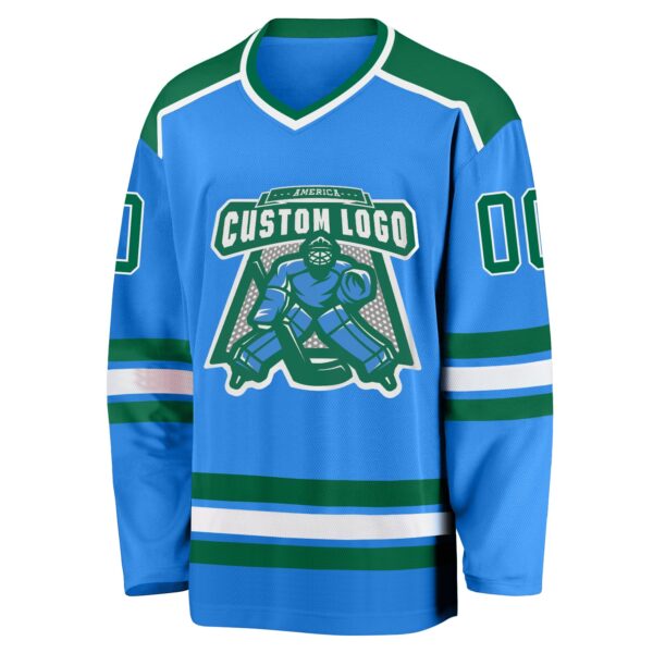 Custom Powder Blue Kelly Green-White Hockey Jersey - Image 2