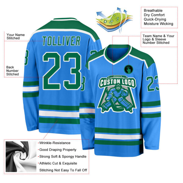 Custom Powder Blue Kelly Green-White Hockey Jersey - Image 3
