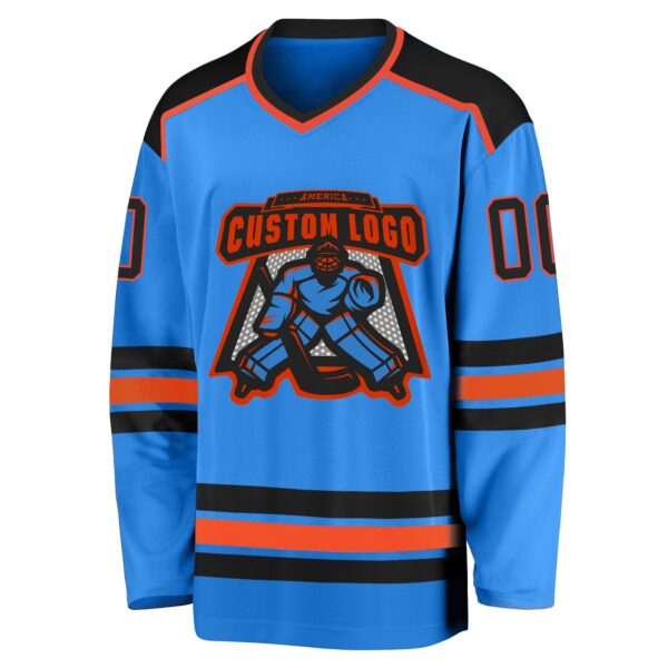 Custom Powder Blue Black-Orange Hockey Jersey - Image 2