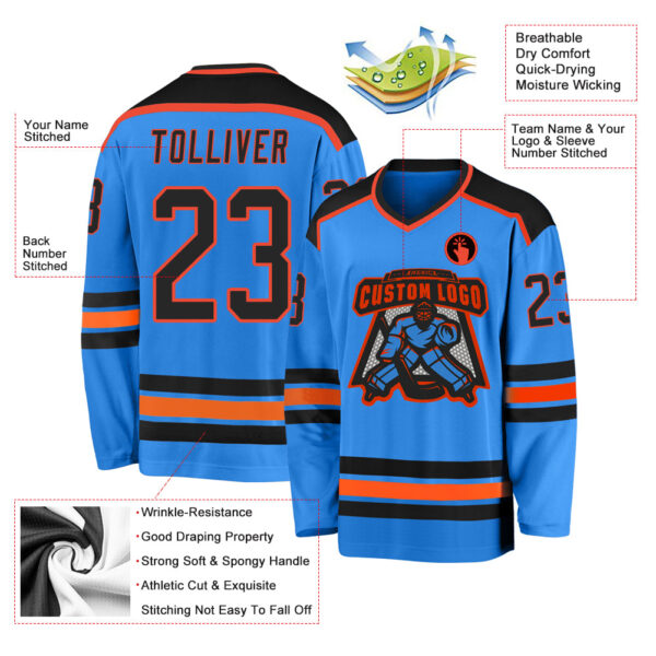 Custom Powder Blue Black-Orange Hockey Jersey - Image 3