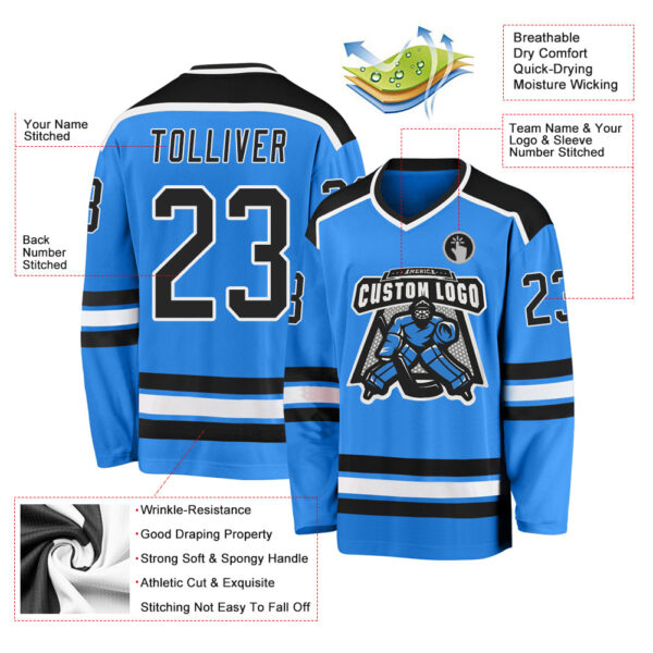 Custom Powder Blue Black-White Hockey Jersey - Image 3