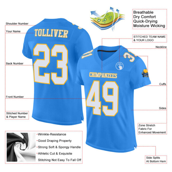 Custom Powder Blue White-Gold Mesh Authentic Football Jersey - Image 2