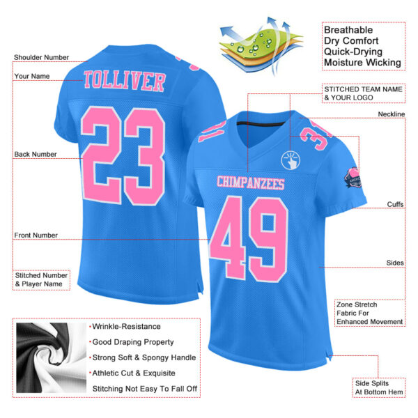 Custom Powder Blue Pink-White Mesh Authentic Football Jersey - Image 2