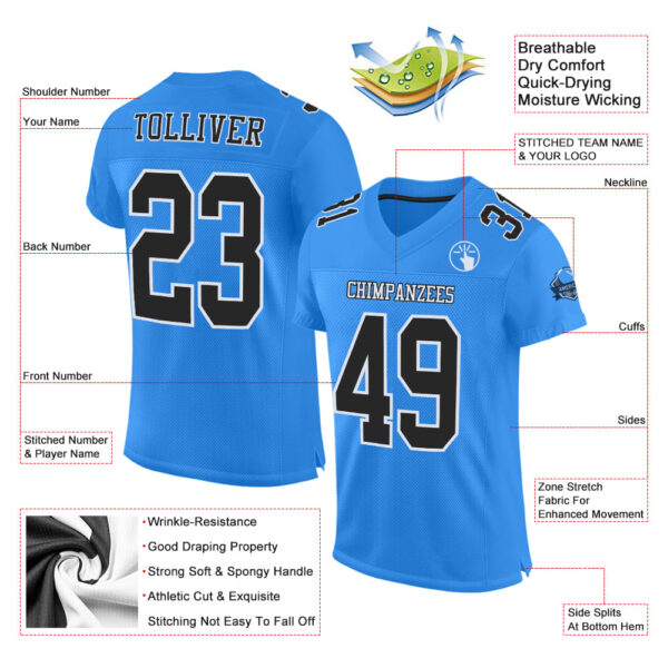 Custom Powder Blue Black-White Mesh Authentic Football Jersey - Image 2