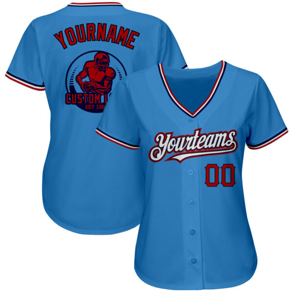 Custom Powder Blue Red-Navy Pinstripe Red Authentic Baseball Jersey - Image 2