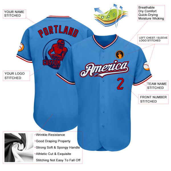 Custom Powder Blue Red-Navy Pinstripe Red Authentic Baseball Jersey - Image 3