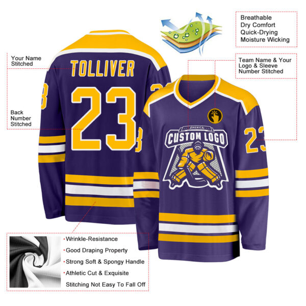 Custom Purple Gold-White Hockey Jersey - Image 3
