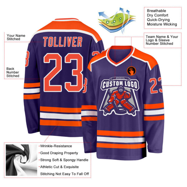 Custom Purple Orange-White Hockey Jersey - Image 3