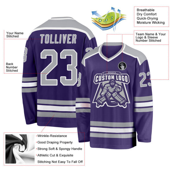 Custom Purple Gray-White Hockey Jersey - Image 3