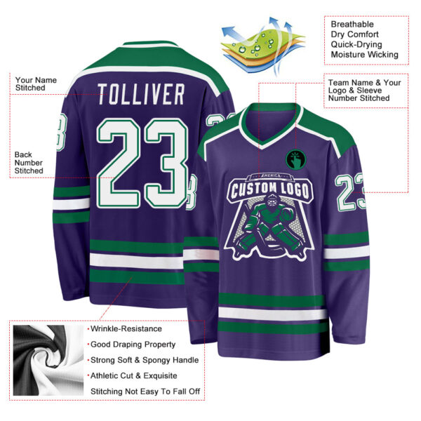 Custom Purple White-Kelly Green Hockey Jersey - Image 3