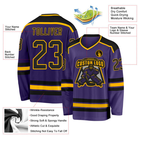 Custom Purple Black-Gold Hockey Jersey - Image 3