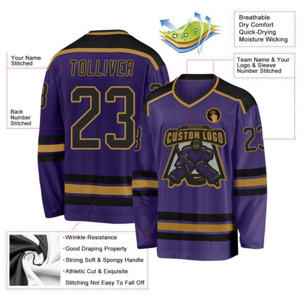 Custom Purple Black-Old Gold Hockey Jersey - Image 3