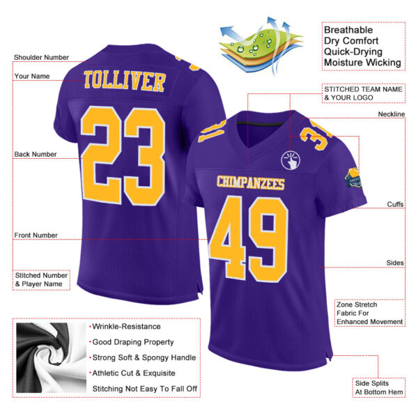 Custom Purple Gold-White Mesh Authentic Football Jersey - Image 2