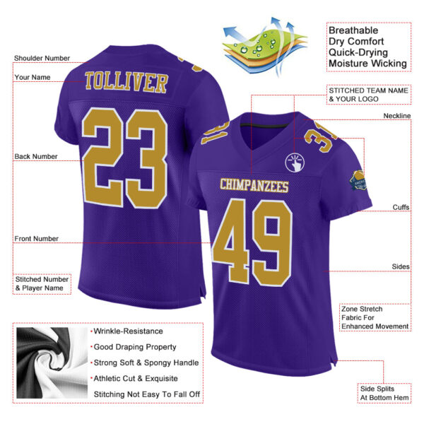 Custom Purple Old Gold-White Mesh Authentic Football Jersey - Image 2