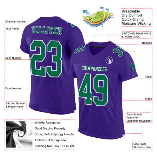Custom Purple Kelly Green-White Mesh Authentic Football Jersey - Image 2