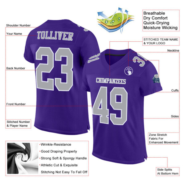 Custom Purple Gray-White Mesh Authentic Football Jersey - Image 2