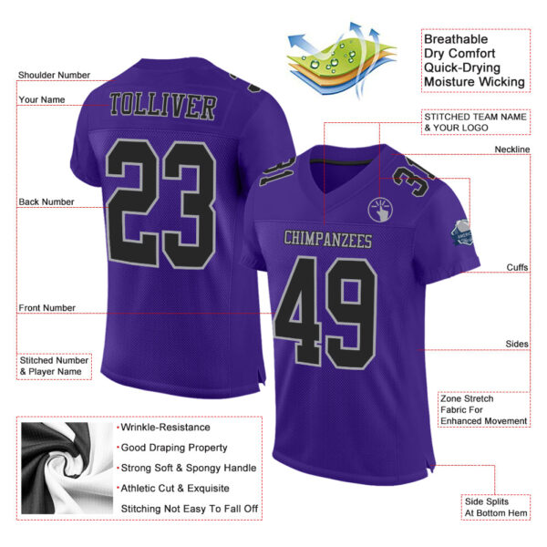 Custom Purple Black-Gray Mesh Authentic Football Jersey - Image 2