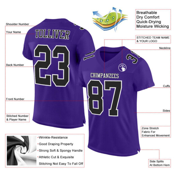 Custom Purple Black-White Mesh Authentic Football Jersey - Image 2
