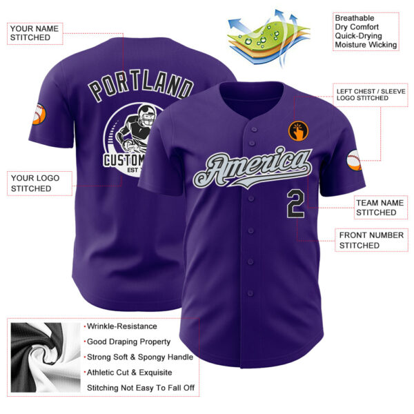 Custom Purple Black Silver-White Authentic Baseball Jersey - Image 3